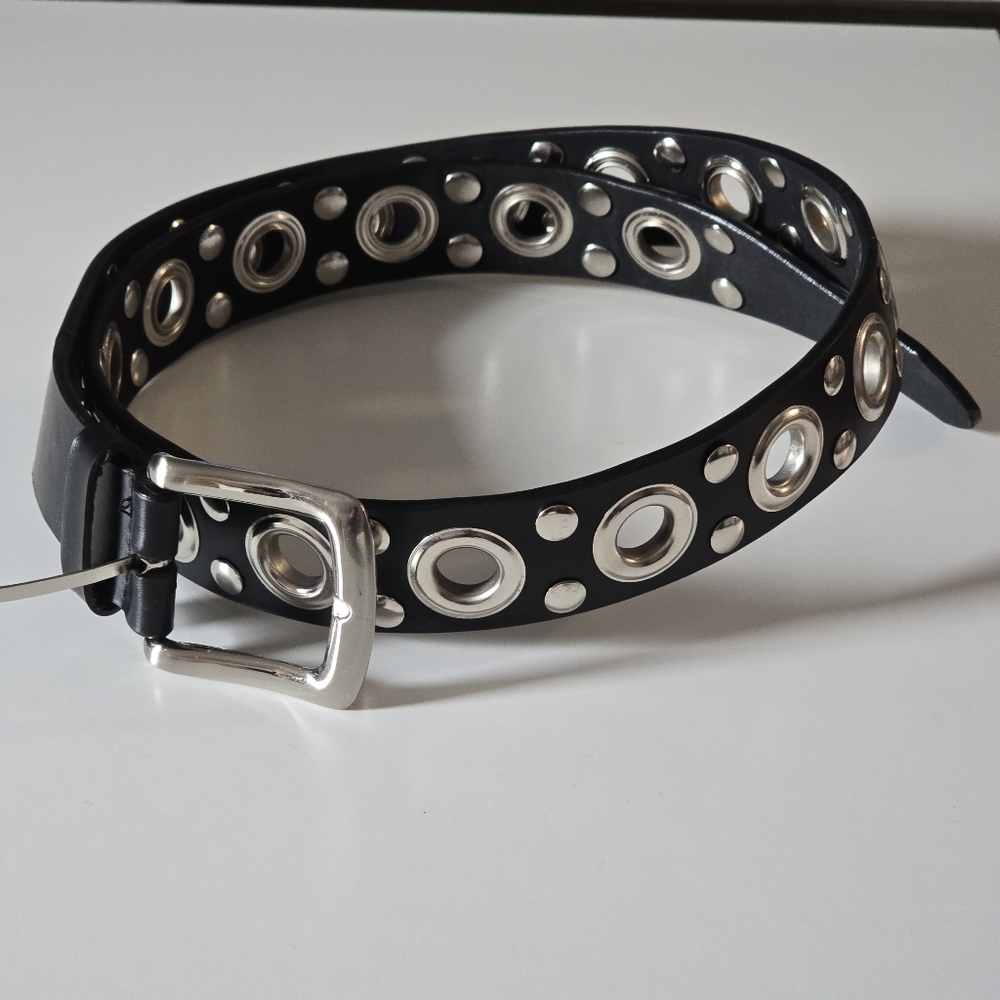 Black Faux Leather and Silver Studded Grommet Belt - Picture 1 of 4